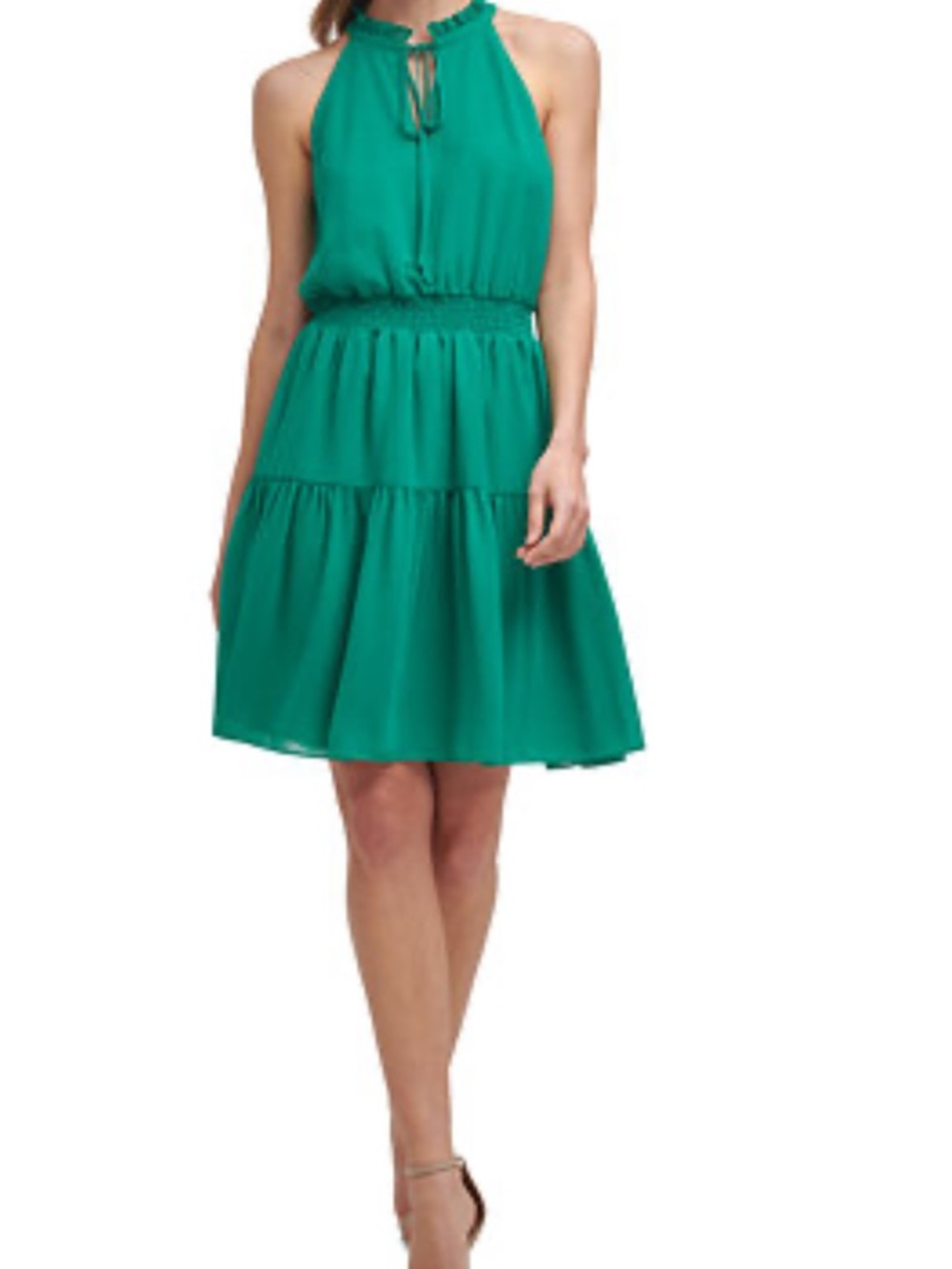 Vince Camuto Smocked Chiffon Sleeveless Tiered Halter Dress in Teal Green size 6